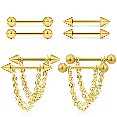 316L Surgical Steel Chain Dangle Nipple Shield Rings 14G Nipplering Barbell Piercing Jewelry for Women Men - color: Gold-tone/4Pr