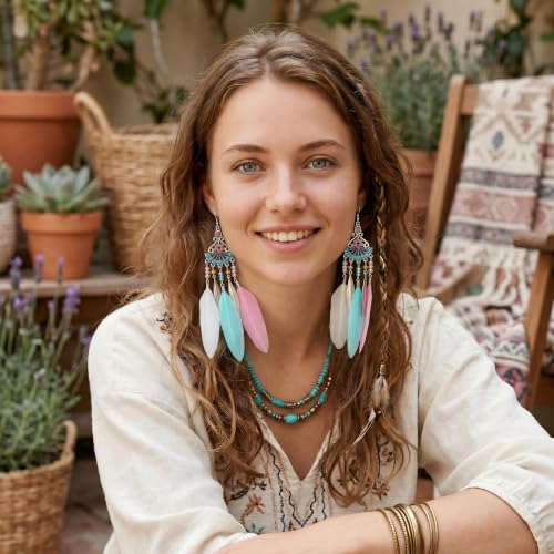 FRESHME Feather Earrings for Women - Native American Jewelry Boho Dangle Ethnic Indian Ear Drop for Music Festival Birthday - color: Little Coloful