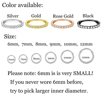 CZ Hinged Segment Nose Rings Hoop 316L Surgical Steel Cubic Zirconia Conch Daith Helix Tragus Body Piercing Jewelry Lip Rings Cartilage Earrings 20G 18G 16G Stainless Steel Septum Clicker Ring - color: Black, size: 20 Gauge 7mm