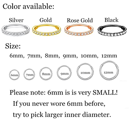 CZ Hinged Segment Nose Rings Hoop 316L Surgical Steel Cubic Zirconia Conch Daith Helix Tragus Body Piercing Jewelry Lip Rings Cartilage Earrings 20G 18G 16G Stainless Steel Septum Clicker Ring - color: Silver, size: 20 Gauge 7mm