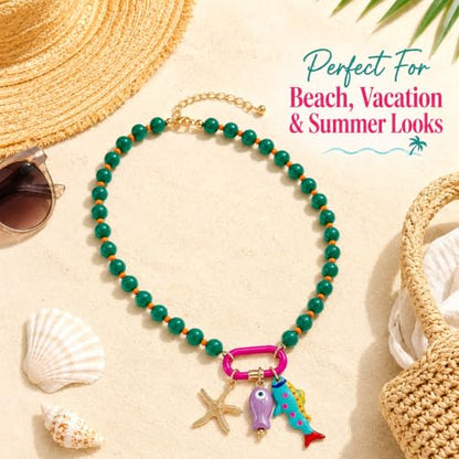 LIU JUN Colorful Beaded Necklace for Women, Chunky Boho Fish Starfish Conch Pendant Acrylic Bead Necklaces Cute Y2K Summer Beach Jewelry Gifts - color: Green