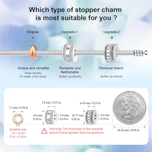 DALARAN Stopper Beads for Bracelets 925 Sterling Silver Clip Spacer Charm Bracelet Stoppers - style: 4Pcs Rosegold Charm Stoppers