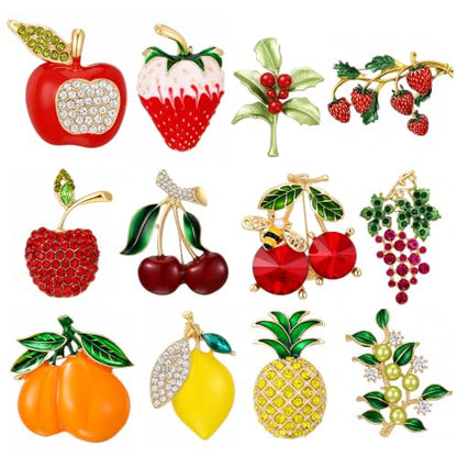 12 Pcs Women Brooches Bulk Vintage Rhinestone Pin Set - style: Fruit