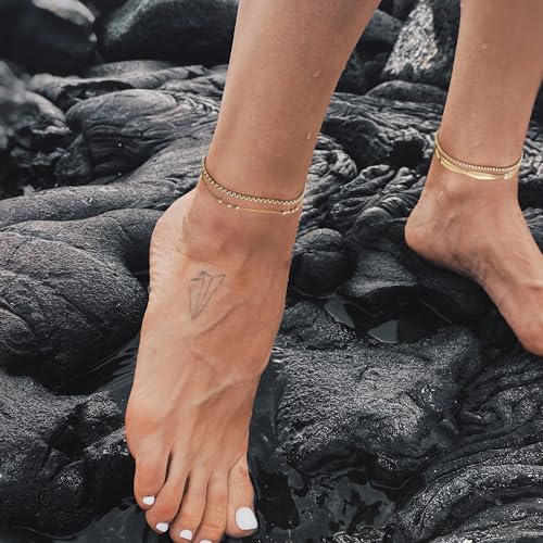 Gold Ankle Bracelets for Women,Dainty 14K Gold Plated Anklets for Women Waterproof Herringbone Beaded Satellite Anklets Set Layered Anklet Bracelets for Women Gold Jewelry Gift - color: Set 5