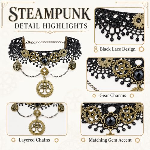 Steampunk Accessories Set Lace Choker Necklace Hand Chain Bracelet Earrings | Vintage Gothic Jewelry Gear Pendant Cosplay Costume Halloween Outfit Women Teen Festival Apparel Retro Victorian Style