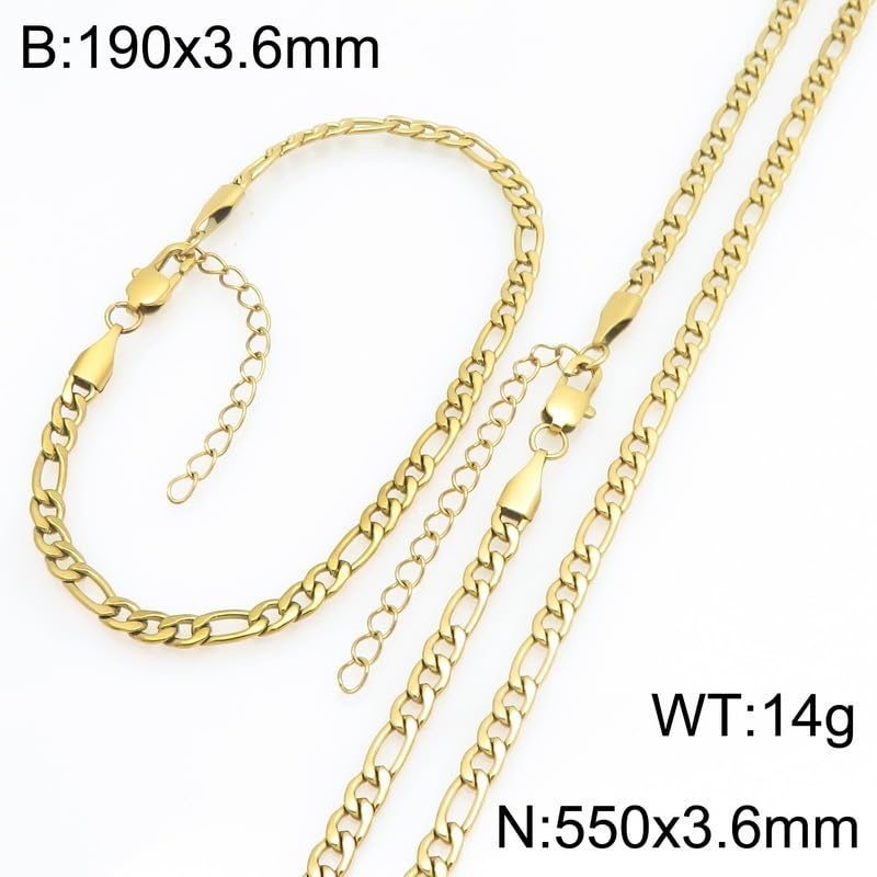 Kemstone Stainless Steel Figaro Cuban Bracelet Necklace Set for Men Women Jewelry - color: Gold 02
