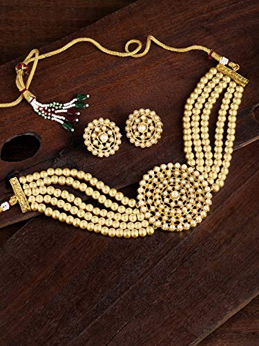 Aheli Pearl Diamond Choker Necklace & Round Earrings Gift for Women Indian Traditional Bollywood Fashion Bharatanatyam jewellery set - color: Cream
