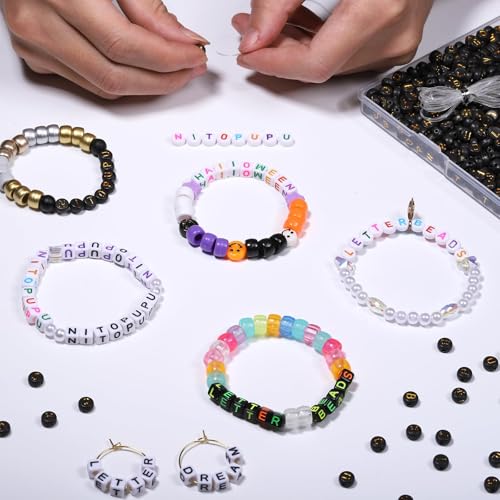 Acrylic Letter Beads Alphabet Gold Letter Black Cube Beads for Friendship Bracelets and Gifts Souvenir Jewelry Making(7 * 4mm Round,1000pcs) - color: Gold Black(Round)