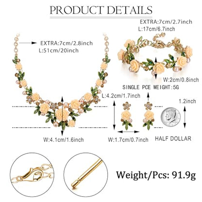EVER FAITH Costume Jewelry Crystal Simulated Pearl Rose Flower Leaf Prom Party Statement Necklace Earrings Bracelet Set for Women - color: Topaz Color Gold-Tone