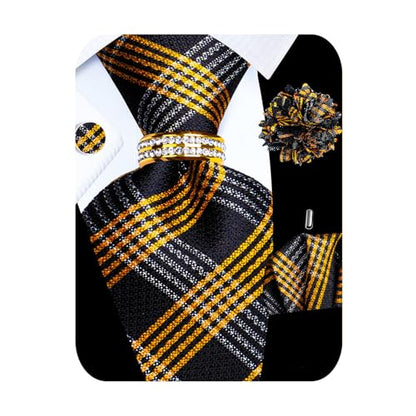 5PCS Mens Silk Tie, Pocket Square, Cufflinks, Drilled Tie Ring and Lapel Pin Set for Wedding Groom Party - color: Gold Plaid Tie Set -186+186