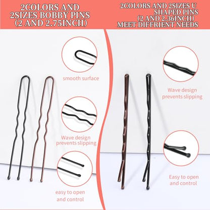 Teenitor 300pcs Bobby Pins Hair Pins, 100 Hair Pins 100 Bobby Pins Brown Hair Black for Women 100 Hair Bands 2inch 2.36inch 2.75inch Brown Black - color: Brown/Black