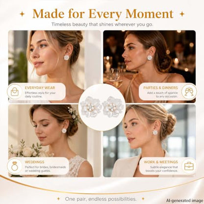 HETICA Pearl Flower Stud Earrings for Women, White Camellia | Faux Pearls, Cubic Zirconia, Lightweight Floral, Wedding, Party, Daily Wear, Gift