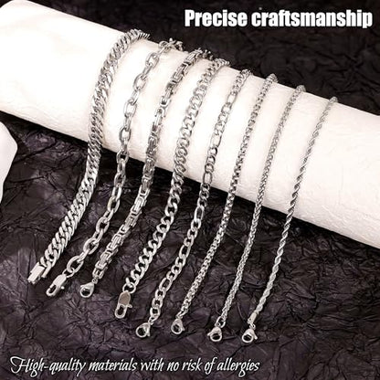 REVOLIA 8Pcs Stainless Steel Chain Bracelets for Men Women Cuban Link Bracelets Paperclip Figaro Rope Chain Bracelets Set 6.8-9 Inches - color: Silver
