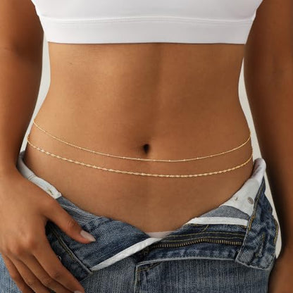14K Gold Plated Waist Chain for Women Dainty 2Pcs Layered Belly Chain Beaded Pearl Body Chain Belt Set Waterproof Summer Beach Bikini Jewelry Accessories Adjustable Waist Beads Gift - style: 2Pcs Bead&Rope-GD
