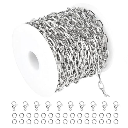 Kyutong 32.8 Feet Flat Oval Paperclip Jewelry Chain Link for Crafting | Stainless Steel Necklace Making Chain 8mm Oval Cable Chain Spool for Necklace Bracelet Crafts - color: Oval Paperclip Silver