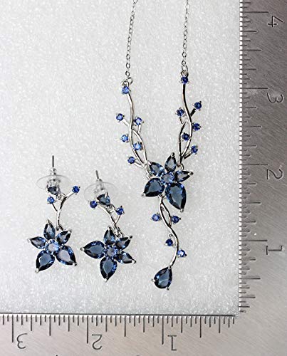 Faship Gorgeous CZ Crystal Floral Necklace Earrings Set - color: Navy Blue