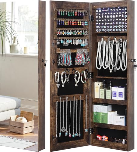 GISSAR Full Length Mirror Jewelry Cabinet, 6 LEDs Jewelry Armoire Wall Mounted Over The Door Hanging, Jewelry Organizer Display Storage Furniture with Lights Locker Mirrored Cabinet, Vintage Brown - color: Vintage Brown