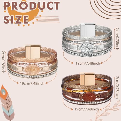 Inbagi 3 Pcs Bohemian Bracelet for Women Girls Faux Leather Cuff Bangle Crystal Bead Bracelet Multi Layer Western Jewelry Wristbands - style: Boho