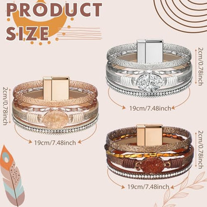 Inbagi 3 Pcs Bohemian Bracelet for Women Girls Faux Leather Cuff Bangle Crystal Bead Bracelet Multi Layer Western Jewelry Wristbands - style: Boho