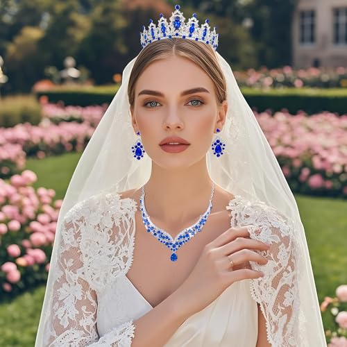 Crowns and Tiaras jewelry sets for Wedding princess birthday party Halloween Prom Pageant Jewelry for Women Crystal Bridal Jewelry Set for women - color: Silver Blue
