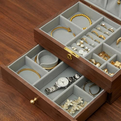 Jewelry Box Organizer for Women & Men 2-Layer Lockable | Wooden with Velvet Lining, Black Walnut Double Layer, Earring Ring Necklace Organizer, Lock & Key, Brass Handles - style: 2-layer lockable