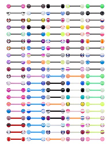 100pcs 14g Tongue Rings Nipple Rings for Women Men Surgical Stainless Steel Tongue/Nipple Piercing Jewelry Plastic Metal Tongue Ring 16MM Acrylic Straight Barbells Body Piercing Jewelry - color: B-100PCS Plastic/Mttal Tongue/Nipple Rings 14mm