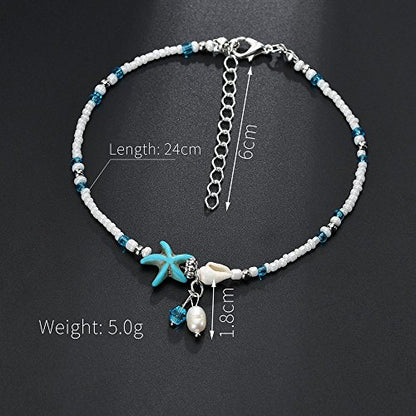 Softones Blue Starfish Turtle Anklet Multilayer Charm Beads Sea Handmade Boho Anklet Foot Jewelry for Women - style: T:Pearl