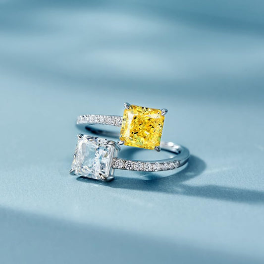 Dainty Cute 925 Silver Yellow Crystal and White Crystal Double Stone Ring Exquisite Square Morganite Open Four-Claw Topaz Open Adjustable Ring for Women Anniversary Wedding Engagement Promise Rings