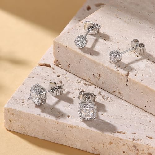 18K Gold Plated Halo Stud Earrings 925 Sterling Silver Cubic Zirconia Stud Earrings Round Square Diamonique Stud Earrings Set for Women Men - color: Silver2