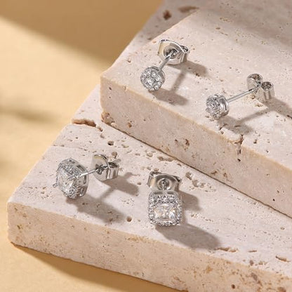 18K Gold Plated Halo Stud Earrings 925 Sterling Silver Cubic Zirconia Stud Earrings Round Square Diamonique Stud Earrings Set for Women Men - color: Silver2