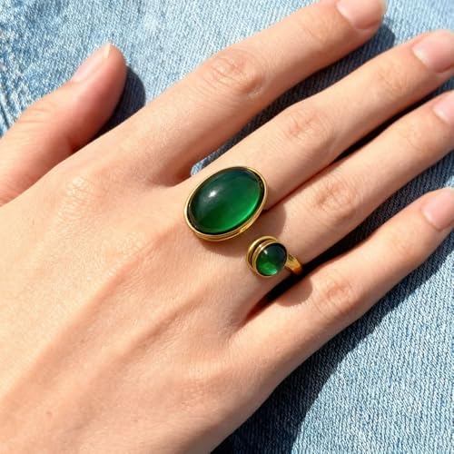 Dtja Double Green Stone Statement Ring for Women Gold Plated Adjustable Expandable Round Oval Birthstone Open Wrap Finger Rings Retro Birthday Anniversary Jewelry