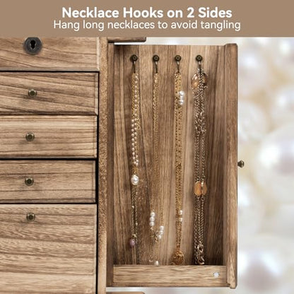 Jewelry Boxes for Women, 5 Layer Large Wooden Jewelry Organizer Box with Lock, Mirror & Drawers, Jewelry Boxes & Organizers for Necklaces Earrings Rings Bracelets (Rustic Brown)