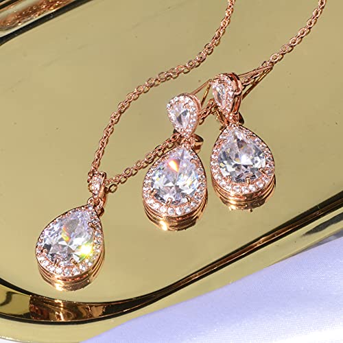 Bridal Jewelry Set for Wedding - 18k Plated Teardrop CZ Crystal Cubic Zirconia Rhinestone Necklace Earrings Set for Bride Bridesmaids Mother of Bride Party Prom Birthstone Costume Jewelry - color: 14k rose gold plated
