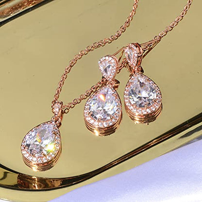 Bridal Jewelry Set for Wedding - 18k Plated Teardrop CZ Crystal Cubic Zirconia Rhinestone Necklace Earrings Set for Bride Bridesmaids Mother of Bride Party Prom Birthstone Costume Jewelry - color: 14k rose gold plated