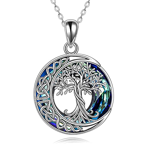 Tree of Life Necklaces S925 Sterling Silver Crystal Tree of Life Pendant Necklace Celtic Knot Moon Tree of Life Jewelry for Women Gifts - color: Blue