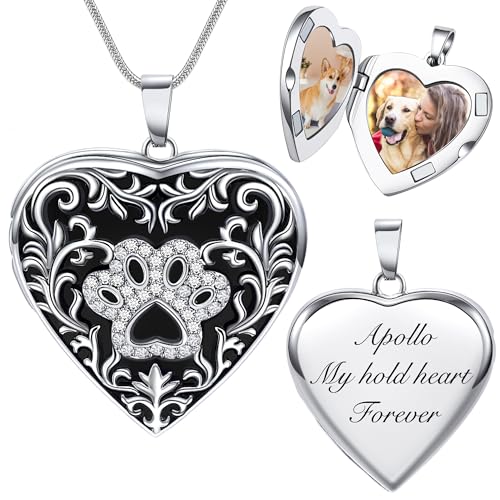 Fanery Sue Personalized Pet Locket Picture Necklace,Dog Cat Memory Gift | Custom Engraved Heart Photo Lockets Necklaces,Dog Cat Sympathy Memorial Jewelry for Women Men - color: Sliver, style: Pawprint
