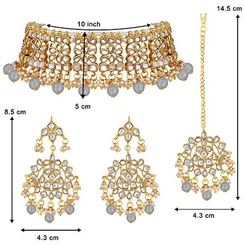 Aheli Elegant Indian Faux Kundan Studded Choker Necklace with Maang Tikka Set Ethnic Wedding Wear Bharatanatyam jewellery set Gift for Women - color: Grey