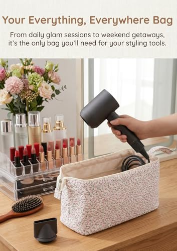 TeeYee Nylon Hair Tools Travel Bag for Dyson Airwrap Quilted Toiletry Bag | Travel Storage Bag for Shark Flexstyle/Curling Iron,Water-repellent,Wide-open,Well-structured,Heat-safe lining,001pinkflower - color: Pinkflower