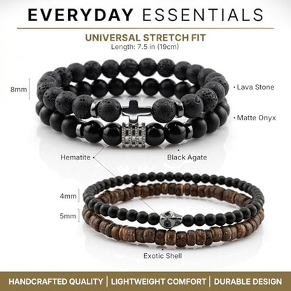 Flybar Men's 4 Piece Beaded Bracelet Set, Natural Lava Stone Black Onyx Matte Agate Tiger Eye, Stretchable Elastic Handmade Stackable - color: CD02 Skull Cross Rock