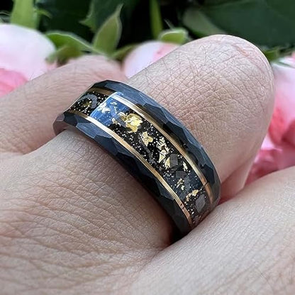 Custom Engraved Tungsten Carbide Hammered 8mm Black Plated Wedding Band with Gold Foil Flecks Inlay Ring