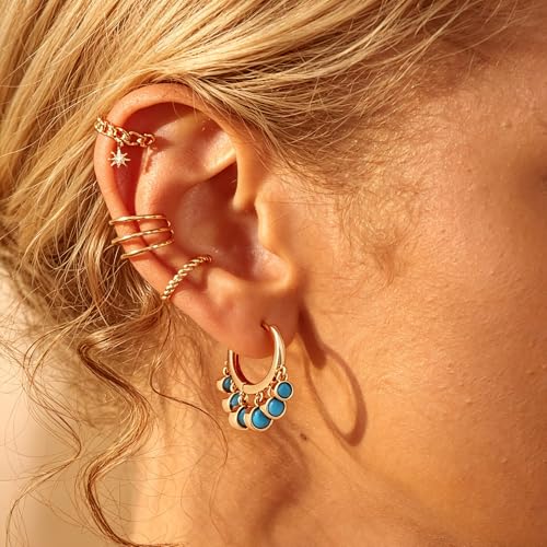 DREMMY STUDIOS Gold Dainty Huggie Hoop Earrings 18K Gold Plated Exquisite Open Tassel Dangle Charm Drop Sleeper Geometric Cross Coin Star Heart White CZ Simple Hypoallergenic Earrings for Women - color: Tassel-Turquoise