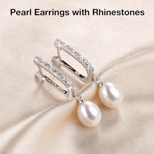 Pearl Jewelry Set For Women Pearl Pendant Necklace & Pearl Earrings with Sparkling Rhinestones 925 Sterling Silver Freshwater Pearl Drop Jewelry Set for Wedding Prom Gift - color: Silvery-White