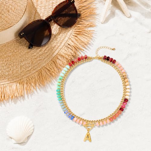 Colorful Beaded Bubble Letter Necklace For Women, Boho Double Layer Dopamine Rainbow Resin Beads Thick Cuban Chain Chunky With Initials Pendant Necklaces Summer Beach Jewelry Gift ﻿ - color: Dop A