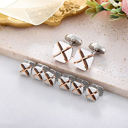 Cufflinks and studs for Men-Fashion Mens X-shaped and Square Cufflinks and Tuxedo Shirt studs set for Regular Weeding Business Accessories
