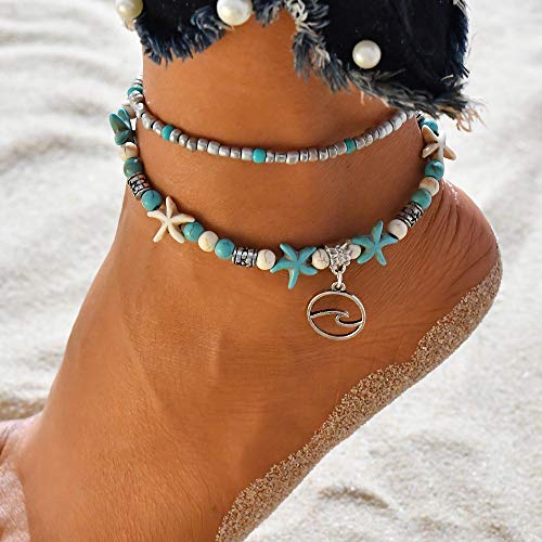 Softones Blue Starfish Turtle Anklet Multilayer Charm Beads Sea Handmade Boho Anklet Foot Jewelry for Women - style: B:Wave