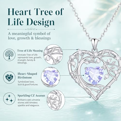 Gamtic Tree of Life Birthstone Pendant Necklace - Heart Cubic Zirconia Diamond Necklace Birth Month Necklaces Birthday Gift for Her Wife Mom Daughter Grandma Girlfriend Anniversary Jewelry Gift - style: June