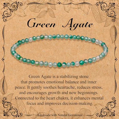 BONNY BOXX Natural Genuine Gemstone Faceted Round Beads Bracelets, 3mm Adjustable Stretchy Tiny Faceted Black Tourmaline Bracelet, Healing Crystal Reiki Chakra Dainty Jewelry Fashion Gifts - color: Green Agate