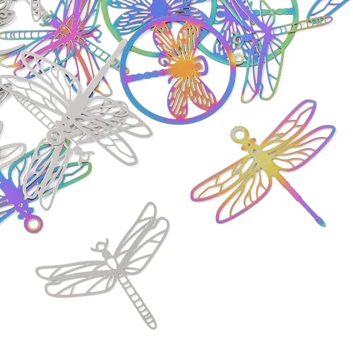 8-64Pcs Silver Goldern Color Heart Pendants Charms 10 Styles Heart Stainless Steel Metal Charms for Jewelry Making Crafting Necklaces Bracelets Earrings Keychains Birthday Gift - color: Colorful Dragonfly-24 pcs