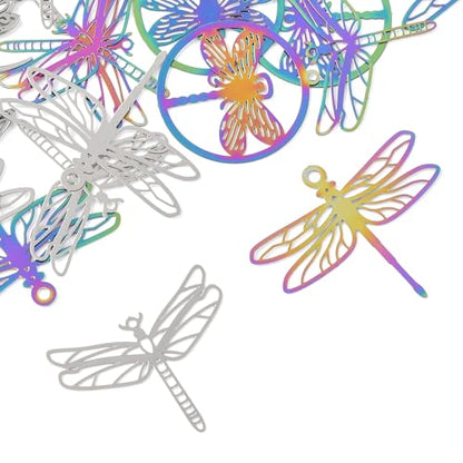 8-64Pcs Silver Goldern Color Heart Pendants Charms 10 Styles Heart Stainless Steel Metal Charms for Jewelry Making Crafting Necklaces Bracelets Earrings Keychains Birthday Gift - color: Colorful Dragonfly-24 pcs