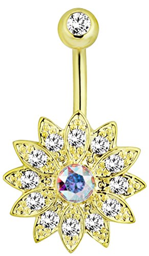Forbidden Body Jewelry 14k Gold Plated Surgical Steel CZ Pave Crystal Bling Flower Belly Button Ring